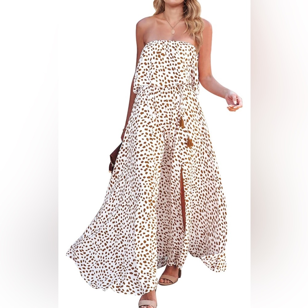 Summer Off Shoulder Ruffle Strapless Maxi Dress w/ Side Split. NWT